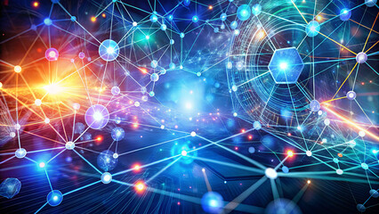 Fototapete - A captivating visualization illustrates a dynamic network of interconnected nodes and glowing energy streams, merging technology with cosmic inspiration in a vivid digital landscape