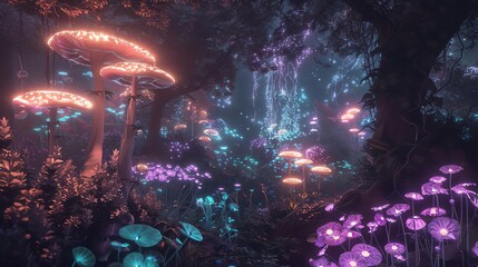 Wall Mural - A mystical forest at night, filled with glowing purple and orange mushrooms.
