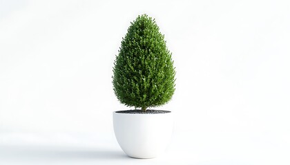 Poster - Green Conical Tree in a White Pot on a White Background