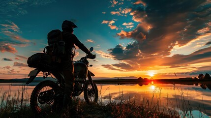 A man is riding a motorcycle on a lake at sunset