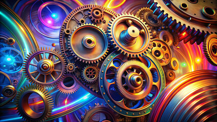Poster - An elaborate display of interlocking gears in various sizes, showcasing a blend of metallic hues enhanced by colorful lighting, conveying a sense of motion and creativity
