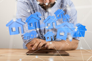 Poster - home data. Digital cyberspace with particles and Digital data network connections concept.