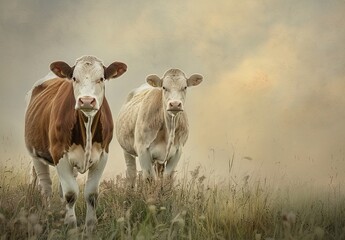 Two cows standing in a grassy field, with one cow on each side. One is brown and white, and the other has light colored fur, with its head slightly raised to look at something outside the frame. The b