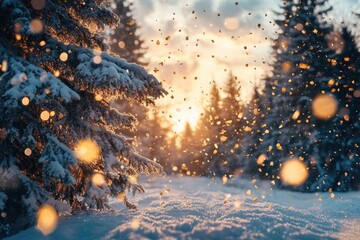 Wall Mural - beautiful winter sunset with snow falling from pine trees
