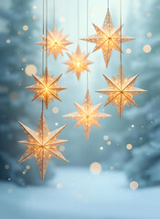 Wall Mural - golden christmas decoration stars on snowy winter afternoon forest background