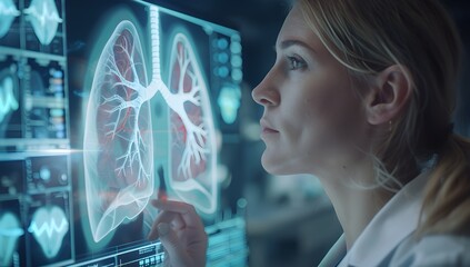 Poster - A female doctor is examining the lungs on an interactive digital screen, with holographic data and medical icons floating around them in a dark blue background