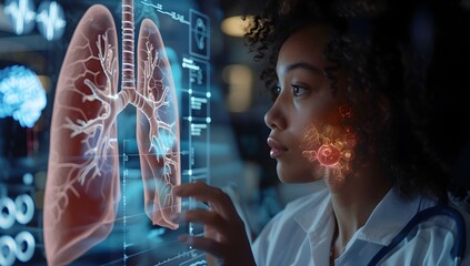 Poster - A female doctor is examining the lungs on an interactive digital screen, with holographic data and medical icons floating around them in a dark blue background