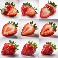 Poster - A collage of nine images of strawberries. Some strawberries are whole, while others are halved, showcasing the fruit's bright red flesh and seeds.