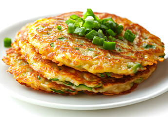 Wall Mural - Crispy vegetable pancakes garnished with scallions isolated on white background