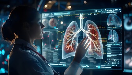 Poster - A female doctor is using holographic medical data to study lungs, with futuristic digital technology in the background. The concept of future medicine and healthcare