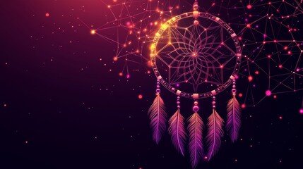 Dreamcatcher With Feathers on Purple Background, Abstract Design With Connecting Dots And Lines