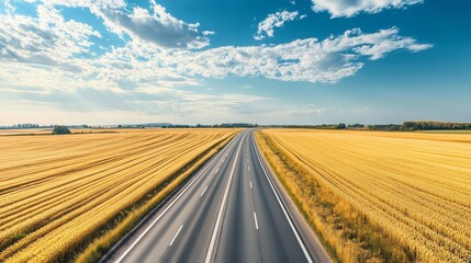 A long stretch of highway surrounded by fields of golden wheat under a bright summer sky