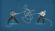 © master1305 - Two men tugging opposite ends of tangled rope, symbolizing tension and competition in business, collaboration to untangle a complex situation. Contemporary art collage. Concept of business, progress