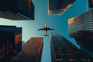 An airplane flies above towering skyscrapers during sunset in an urban cityscape, highlighting a mix of architecture and aviation