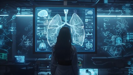 Poster - A female doctor stands in front of an interactive digital display, showing detailed holographic images and data visualizations related to the lungs or animal anatomy