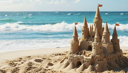 Wall Mural - Creative sandcastle on the beach embodying the spirit of holidays and travel with ample space for personalized messages