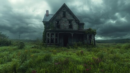 An old, abandoned house with broken windows, surrounded by overgrown grass and a spooky, cloudy sky