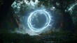 © LULU.Stock journey - Futuristic energy portal with crackling electricity hovering in a dense forest distorting the scenery around it  Surreal sci fi fantasy landscape with an otherworldly dimensional phenomenon