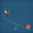 © master1305 - Man balancing precariously on seesaw with red circle, representing balance of business risks and opportunities fine line between success and failure. Contemporary art. Concept of business, progress