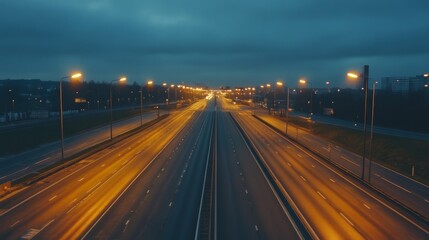 A quiet highway at dusk, illuminated by streetlights, with a soft glow on the asphalt