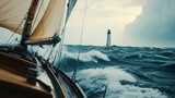 A sailboat navigates turbulent seas, with a distant lighthouse guiding the way under a stormy sky.