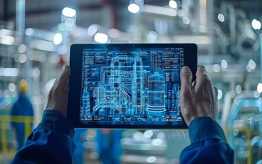 Poster - Engineer reviewing digital schematics on a tablet while inspecting machinery in an industrial facility during the day