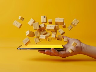 A hand holds a smartphone surrounded by floating yellow building blocks against a bright yellow background