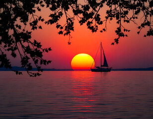 A sailboat silhouetted against an orange sunset sky, with tree branches framing the scene