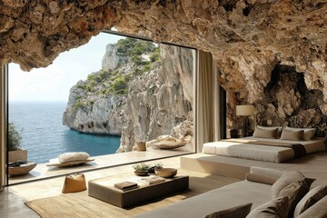 Luxurious seaside villa with stunning ocean view and natural rock formation