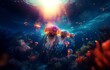 © YiuCheung - Underwater scene with iridescent jellyfish swimming through sunlit water, surrounded by coral.
