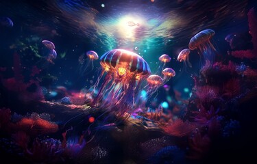 Aufkleber - A colorful, bioluminescent jellyfish floats in a dark, underwater environment with red and purple coral.