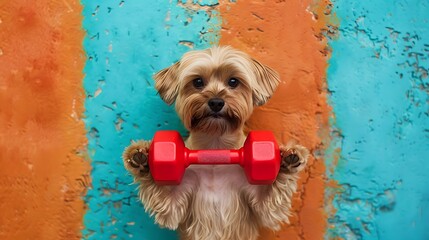 Wall Mural - Adorable dog holding a red dumbbell in the middle on a colorful turquoise and orange background