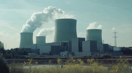 Industrial Power Plant with Cooling Towers Emitting Steam on a Clear Day