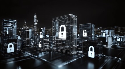 Poster - Digital cityscape with security locks and glowing skyscrapers.