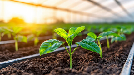 Greenhouse Seedlings: A close-up view of vibrant green seedlings pushing through rich soil in a modern greenhouse, bathed in warm, golden sunlight. The image symbolizes growth, potential.