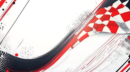 Poster - Checkered flag waving on a white background with red and black abstract design elements.