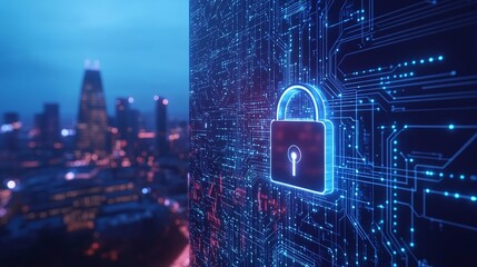 Digital padlock symbol over a city skyline at night.