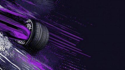 Aufkleber - Abstract design of a purple car with tire, speed lines, and a dark background.