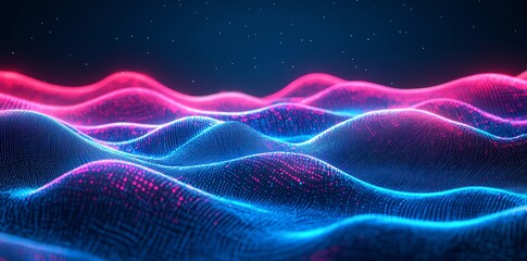 Poster - Abstract digital landscape with blue and pink glowing waves.