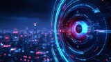 Futuristic eye technology with glowing neon elements.