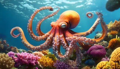 Close-up of an octopus sitting in a multicolored coral reef