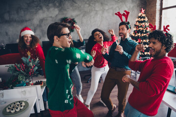 Poster - Portrait of company office workers good mood rejoice dance new year time loft office indoors