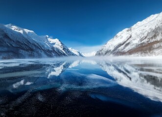 Poster - A serene scene of snow-capped mountains reflected in a frozen lake.
