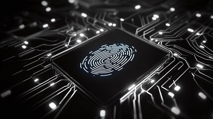 Poster - Fingerprint on circuit board, high-tech abstract design Digital identity privacy.