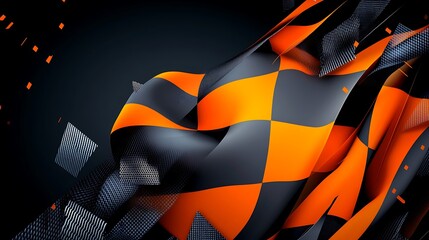 Wall Mural - Abstract orange and black checkered pattern in a dynamic flow against a black background.