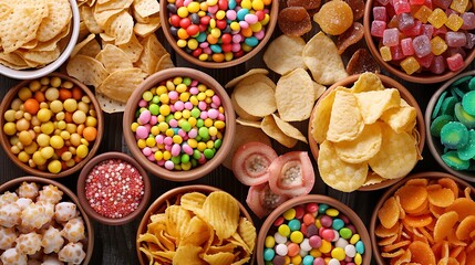 an colorful array of salted and sweet snacks including various chips and candy