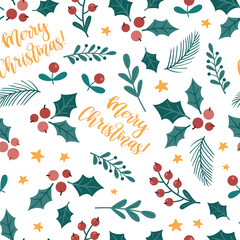 Wall Mural - Christmas seamless pattern with berries and leaves. Perfect for Christmas paper, fabric and gift designs