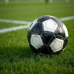 Close-up of a worn soccer ball on a green grass field with a clear background