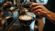 © peerawat - A barista expertly preparing a coffee at a stylish coffee bar, focusing on precision and skill