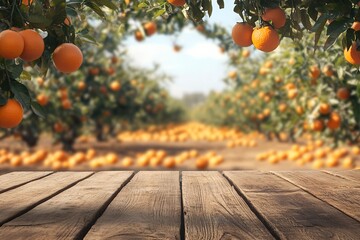 photo Empty wood table with free space over orange trees, orange field background